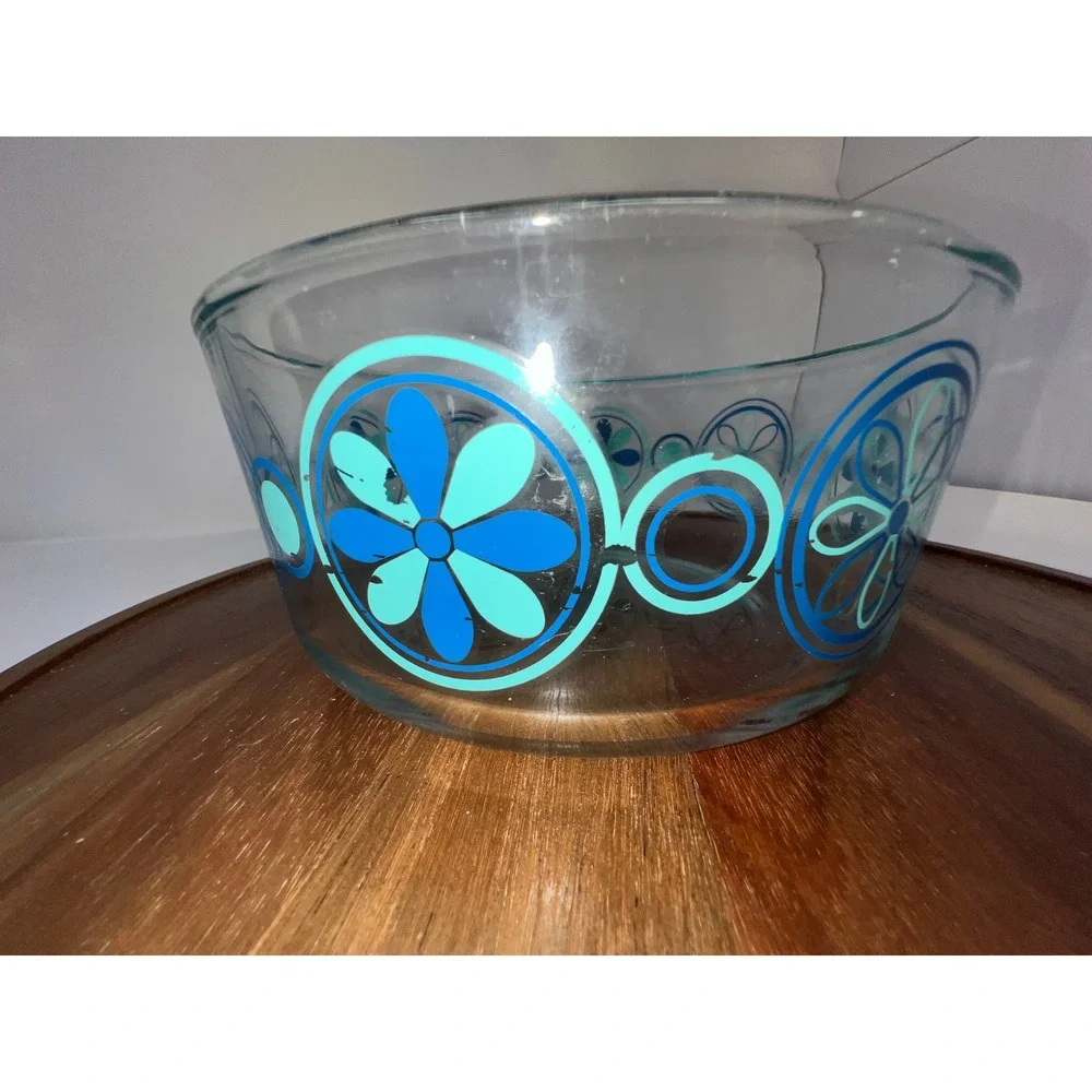 Pyrex Blue Mod Flowers Glass Bowls Set of 2 Vintage Retro MCM Teal Cobalt